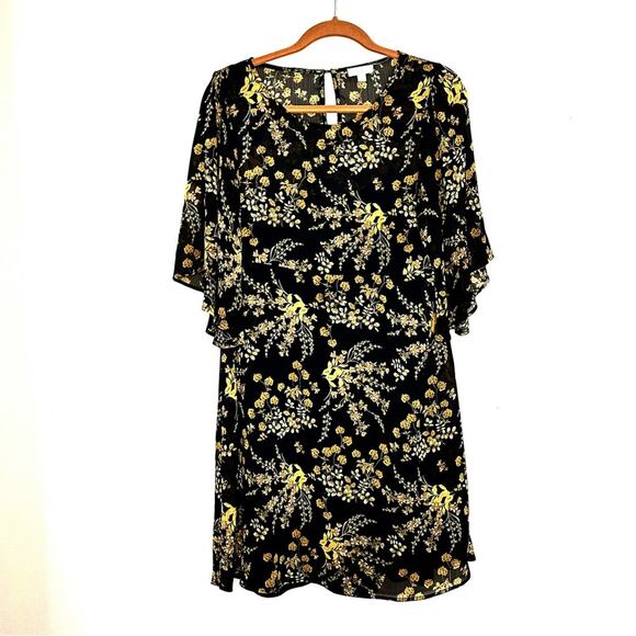 Charming Charlie Ditsy Dark Floral Flutter Sleeve Dress Black Tan Women Large - Picture 1 of 8